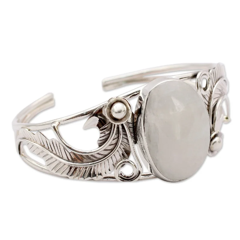 Men’s cuff bracelets with diamonds-Handmade Sterling Silver 'Eternal Glow' Moonstone Cuff Bracelet (India) - White