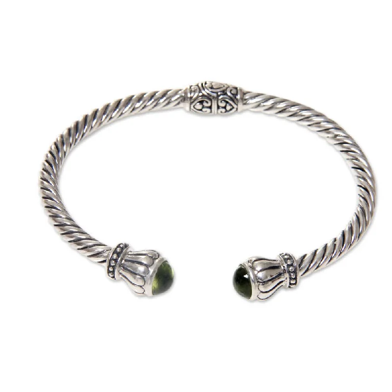 Women’s adjustable bracelets with charms-Handmade Sterling Silver Peridot Cuff Bracelet, 'Dewdrop Daisies' (Indonesia)