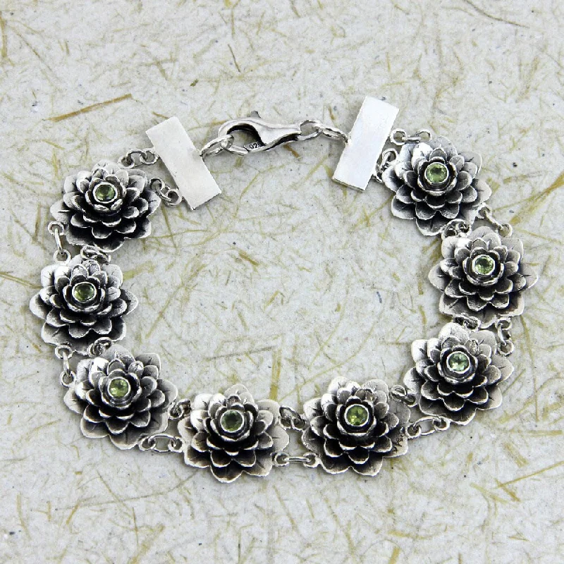 Personalized leather bracelets for gifts-Handmade Sterling Silver Peridot 'Sacred Green Lotus' Flower Bracelet (Indonesia)