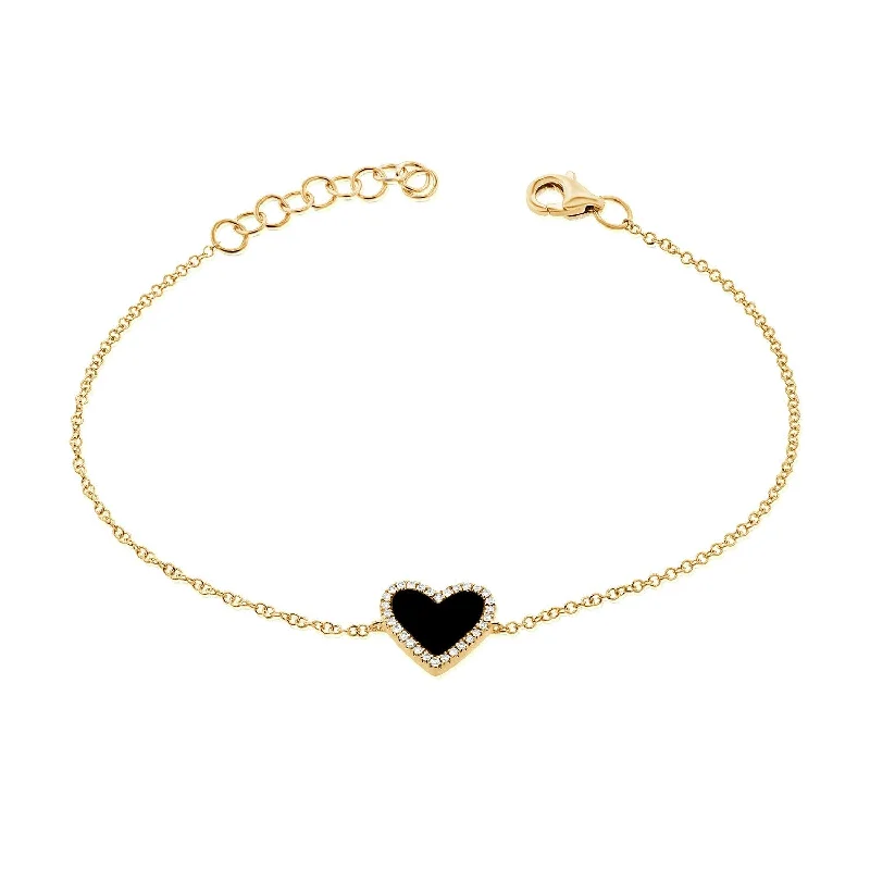 Custom engraved bracelets for gifts-Joelle Diamond & Black Agate Heart Chain Bracelet 14K Gold