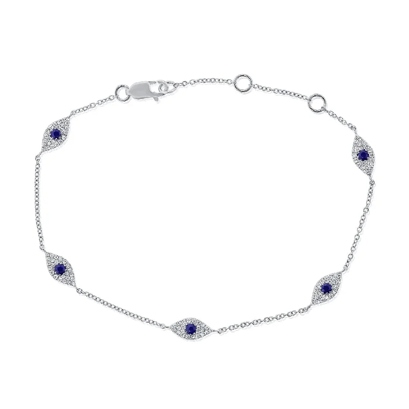 Custom sterling silver bracelets for women-Joelle Evil Eye Bracelet Diamond & Blue Sapphire 14K White Gold 1/5 ct TDW