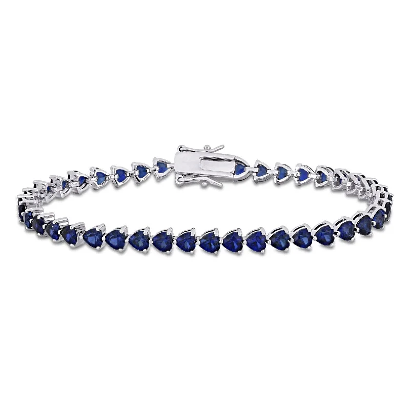 Simple silver bangles for daily wear-Miadora 11.40ct TGW Heart Shape Created Blue Sapphire Tennis Bracelet in Sterling Silver