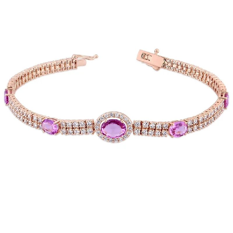 Unique friendship bracelets for girls-Miadora 14k Rose Gold Pink Sapphire 2-7/8ct TDW Diamond Tennis Halo Stationed Bracelet