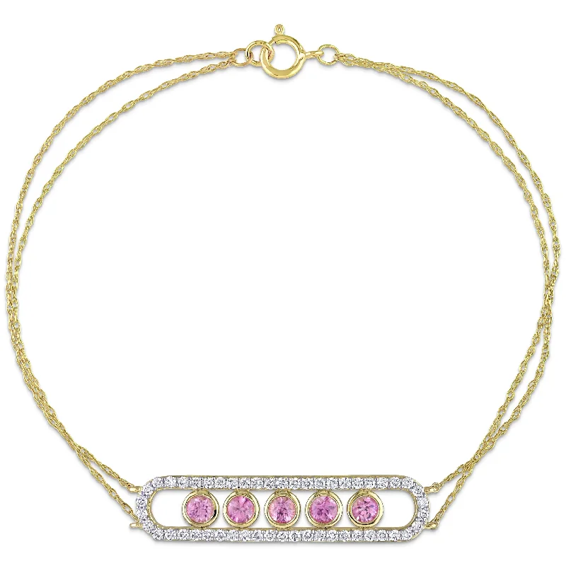 Designer bracelets for women with gemstones-Miadora Pink Sapphire & 1/2ct TDW Diamond 5-Stone Station Halo Bar Bracelet in 10k Yellow Gold