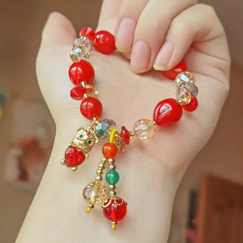 Fashionable pearl bracelets for women-Multi-Color Crystal Red Heart Bear Bead Bracelet