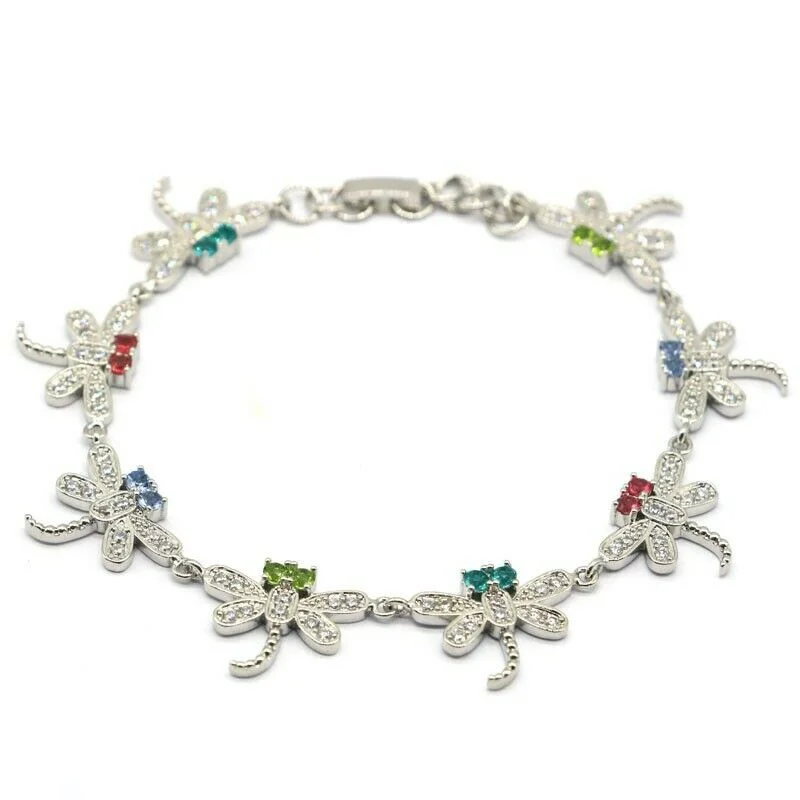 Men’s fashion bracelets with birthstones-Multi-Color Gemstone Micro-Pave Dragonfly Tennis Bracelet