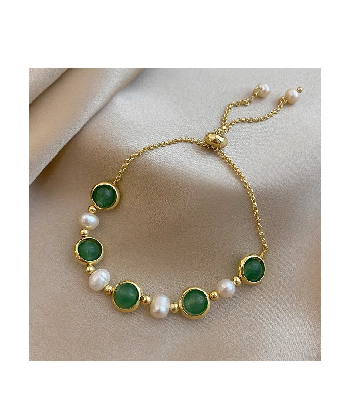 Silver bracelets with colorful stones-Natural Green Jade Freshwater Pearl Adjustable Bracelet