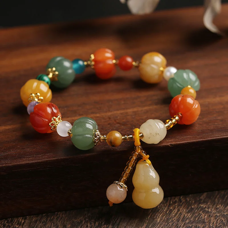 Gold bracelets for casual wear-Natural Jade Carved Pumpkin Bead Lucky Feng Shui Bracelet