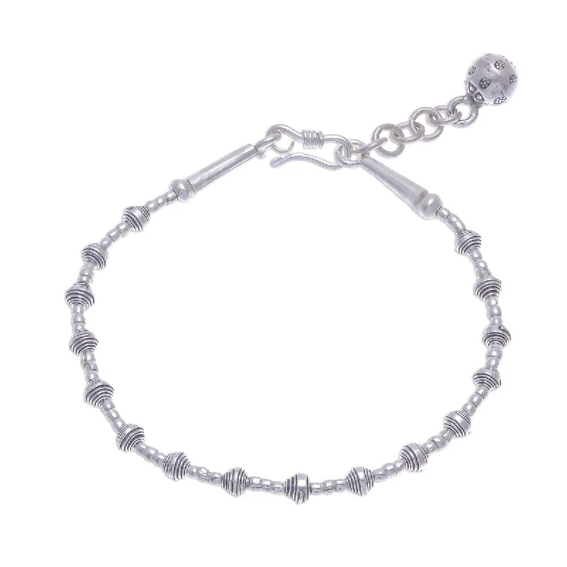 Fashionable stacking bracelets for women-NOVICA Flower Ball, Silver beaded bracelet