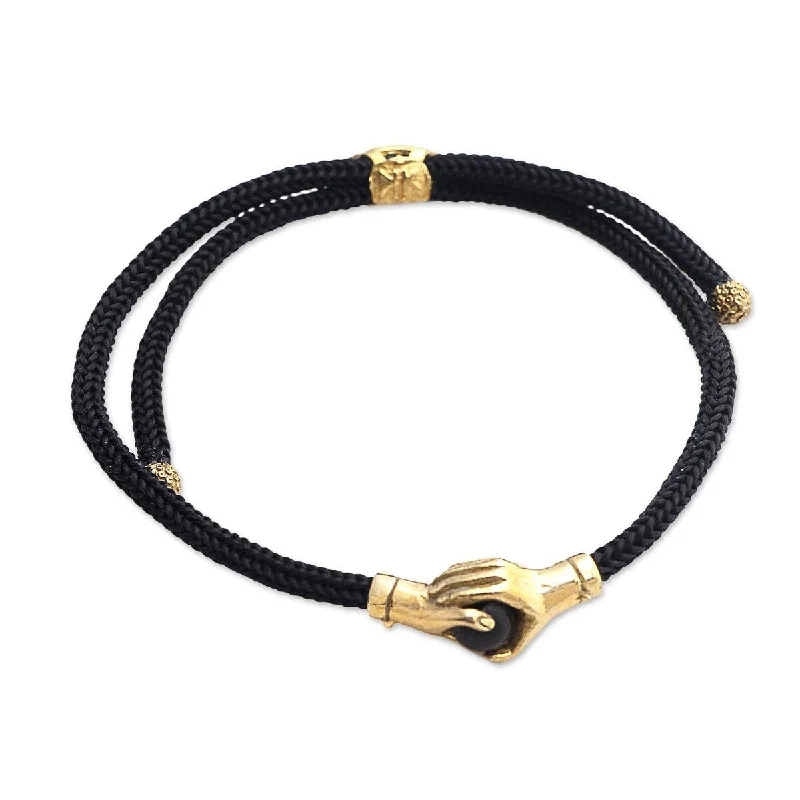 Gold bracelets for weddings with diamonds-NOVICA Golden Handshake, Brass and obsidian unity bracelet