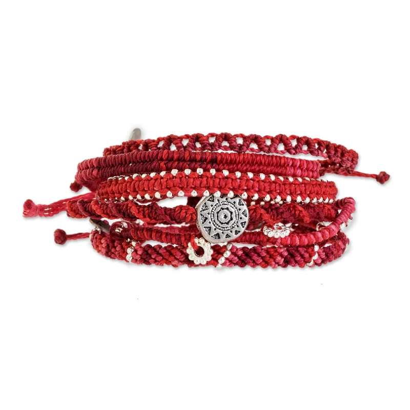 Trendy gold bangles for women-Novica Handmade Boho Histories In Red Glass Beaded Macrame Bracelets (Set Of 7)