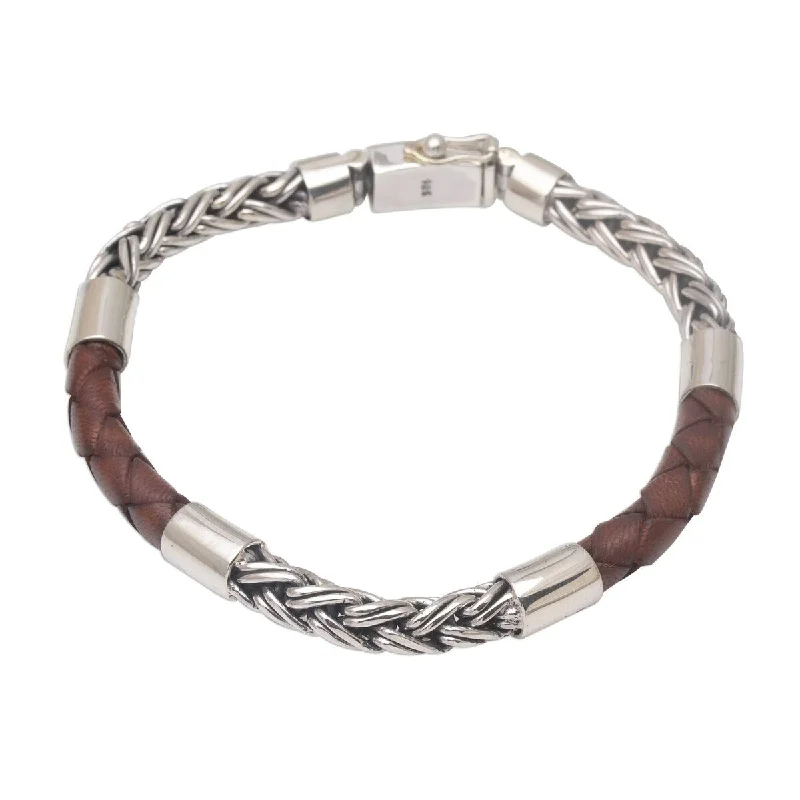 Vintage gold bracelets for women-NOVICA One Strength in Brown, Men's leather and sterling silver bracelet