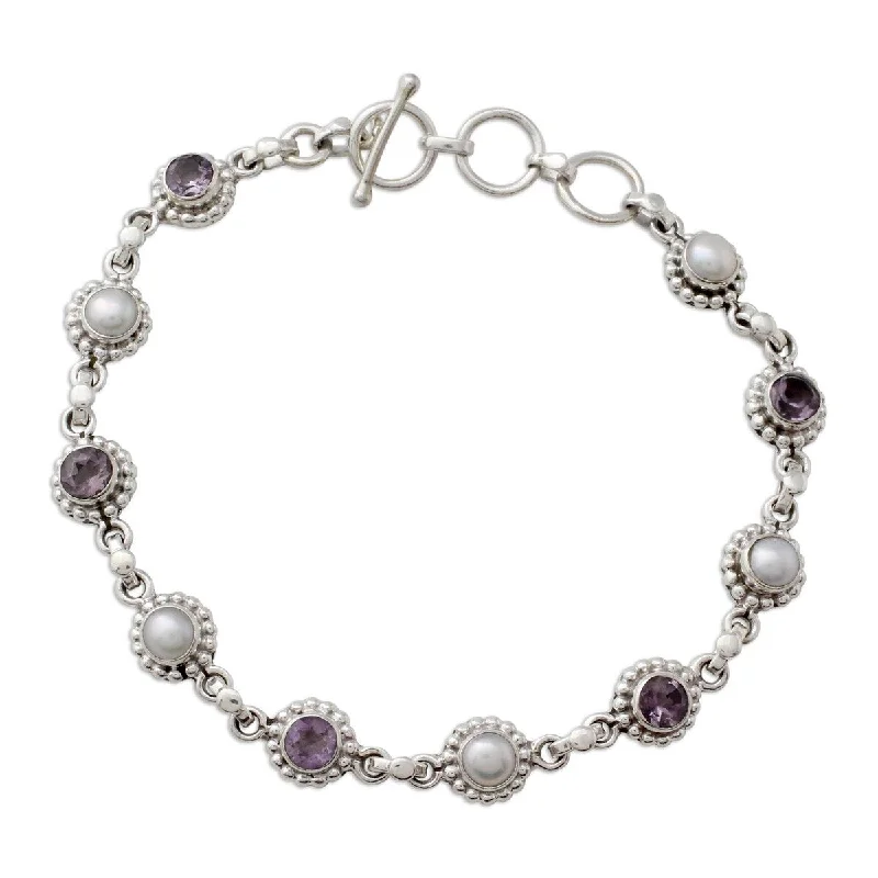 Adjustable beaded bracelets for women-NOVICA Petite Flowers, Cultured pearl and amethyst link bracelet