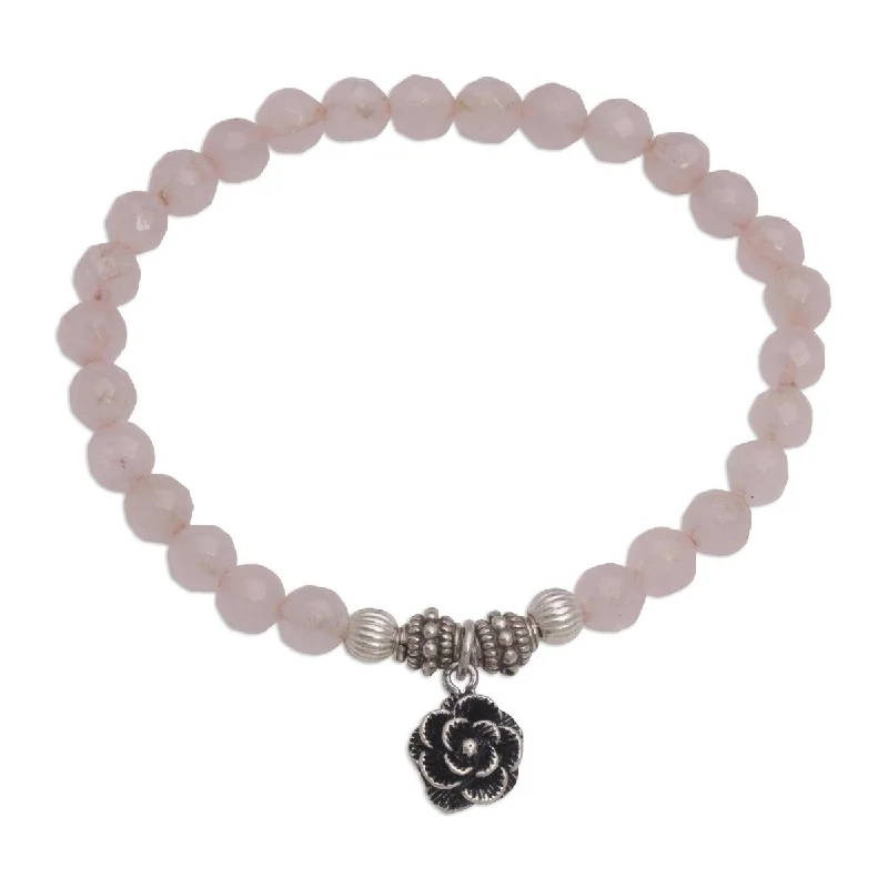 Unique silver bracelets for women-NOVICA Still Rose, Rose quartz beaded stretch bracelet