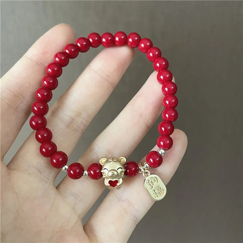 Personalized bracelets for friends and family-Petite Lucky Tiger Red Crystal Beaded Charm Bracelet