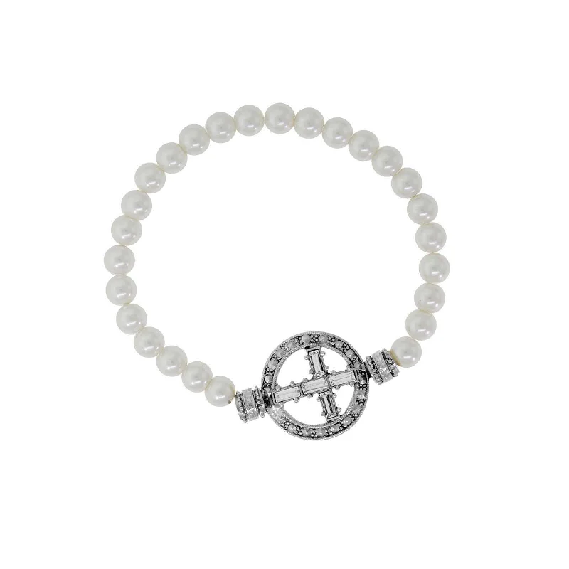 Fashion bracelets with diamonds for men-Symbols Of Faith Pewter Crystal Cross Faux Pearl Stretch Bracelet