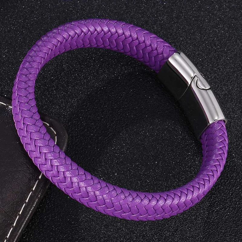 Silver bracelets with diamonds for weddings-Purple Braided Genuine Leather Stainless Steel Magnetic Bracelet