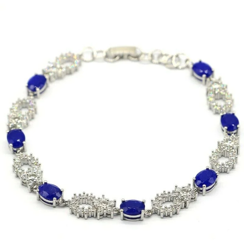 Men’s bracelets with unique designs-Real Blue Sapphire White CZ Sterling Silver Tennis Bracelet