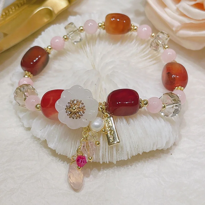 Elegant gold bracelets for weddings-Red Blue Green Black Natural Agate Floral Crystal Bead Bracelet