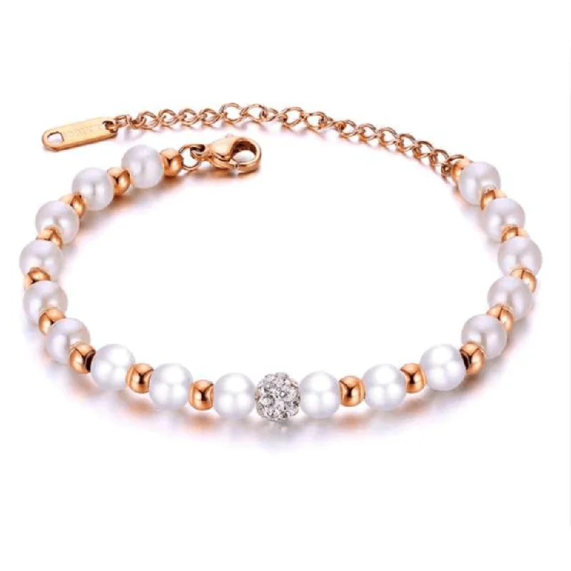 Personalized bracelets for friends and family-Rose Gold Beaded Bracelet with Simulated Pearls