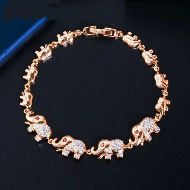 Fashionable beaded bracelets for women-Rose Gold CZ Linked Elephant Petite Bracelet