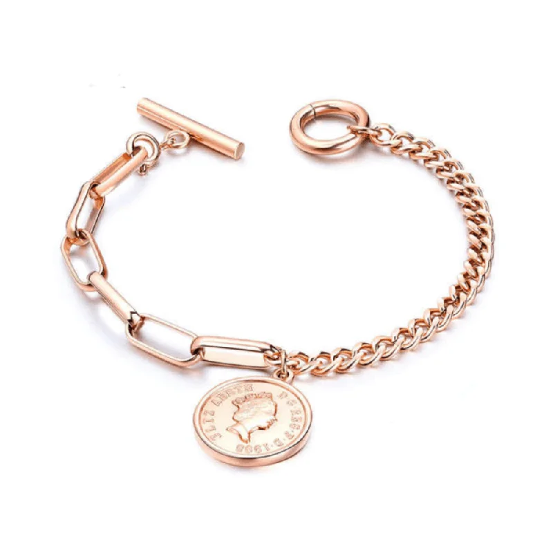 Custom name bracelets for women-Rose Gold Link Bracelet with Coin Charm and Toggle Clasp