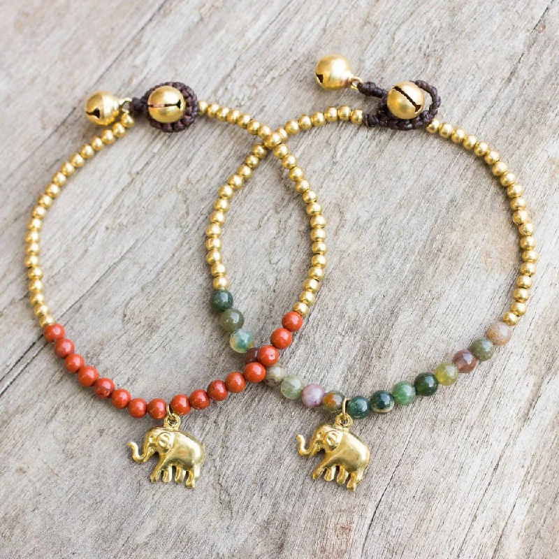 Luxury gold bracelets for women-Set of 2 Brass 'Stylish Elephants' Jasper Bracelets (Thailand)