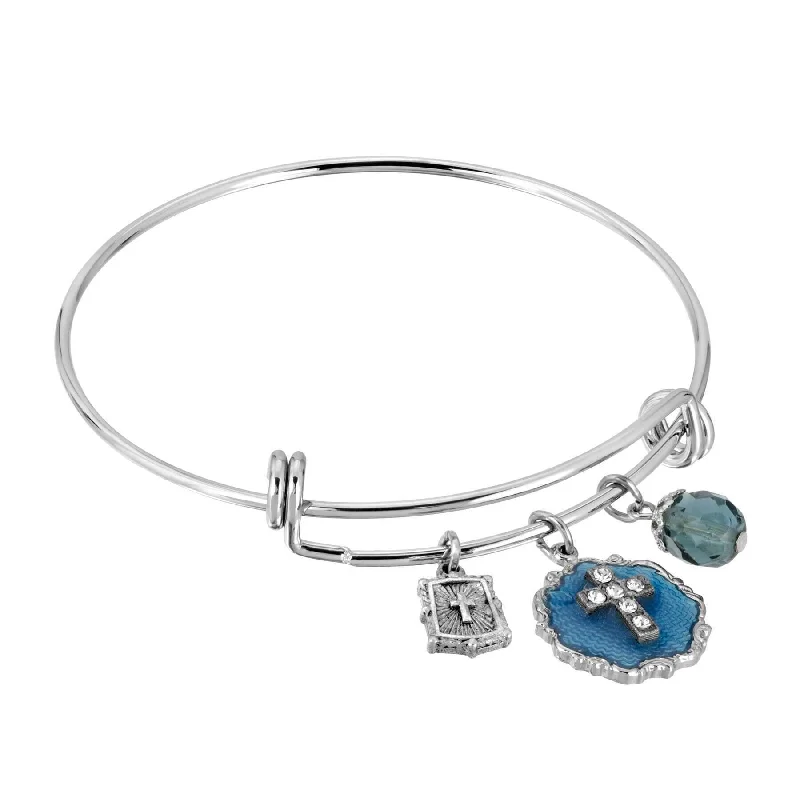 Personalized charm bracelets for best friends-Symbols Of Faith Blue Enamel Crystal Cross Beaded Slide Charm Bracelet