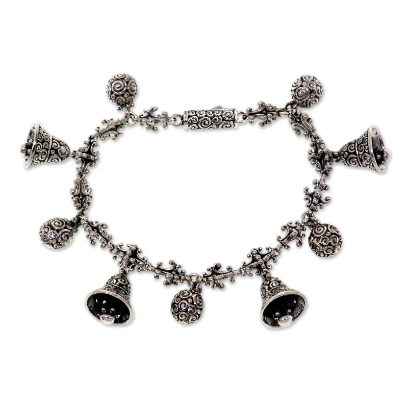 Custom gemstone bangles for women-Sterling Silver Charm Bracelet, 'Singing Bells' (Indonesia)