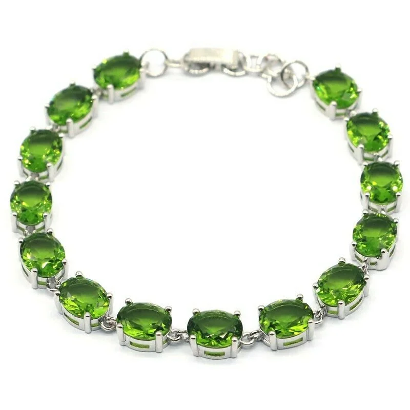 Simple adjustable bracelets for men-Sterling Silver Oval Cut Green Peridot Tennis Bracelet