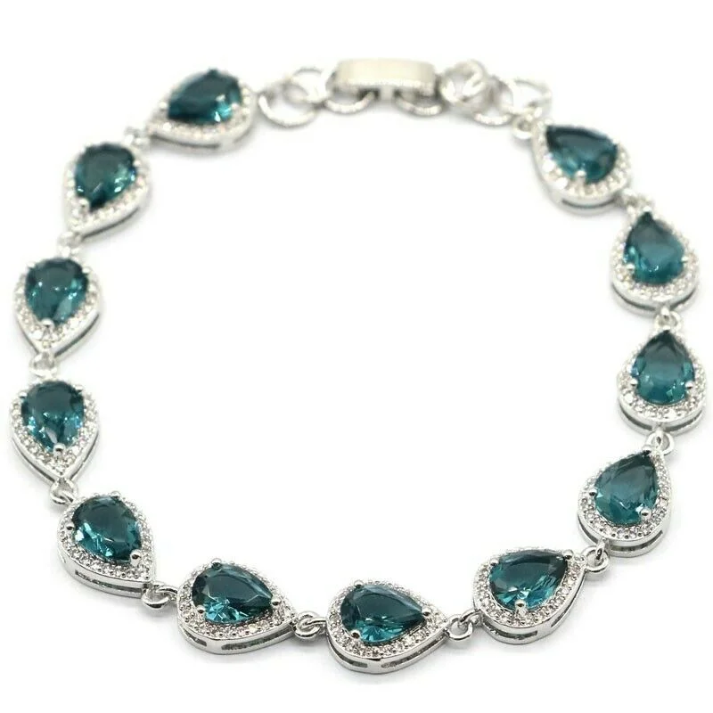 Men’s fashion bracelets with diamonds-Sterling Silver Pear Shape Created London Blue Tennis Bracelet