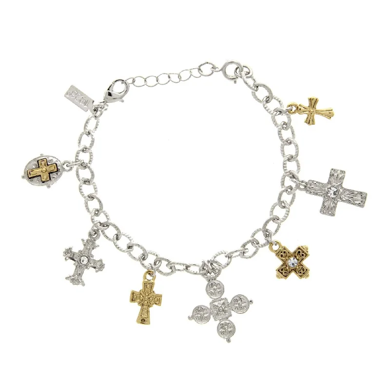 Women’s sterling silver stackable bracelets-Symbols Of Faith Seven Cross Charm Bracelet