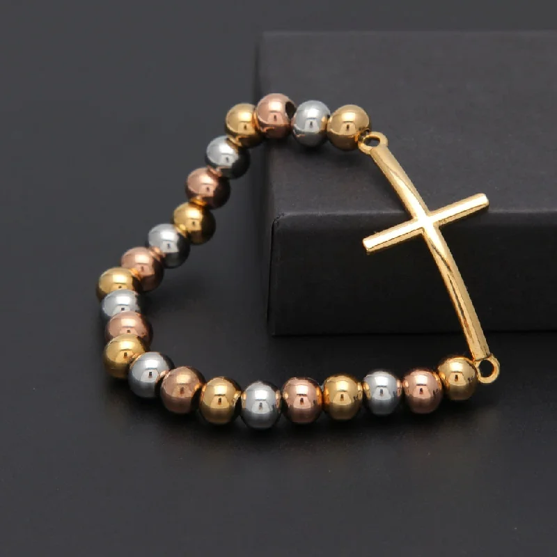 Vintage charm bracelets for women-Tri-Color 8mm Stainless Steel Sideways Cross Religious Bracelet