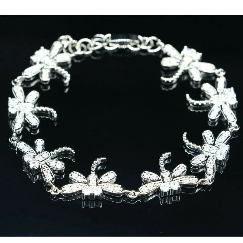 Trendy gold bangles for women-Created White Sapphire Sterling Silver Dragonfly Tennis Bracelet