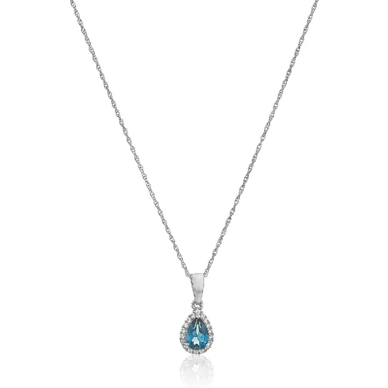 simple gold necklace for men -10k White Gold London Blue Topaz and Created White Sapphire Gemstone Pear Halo Pendant Necklace