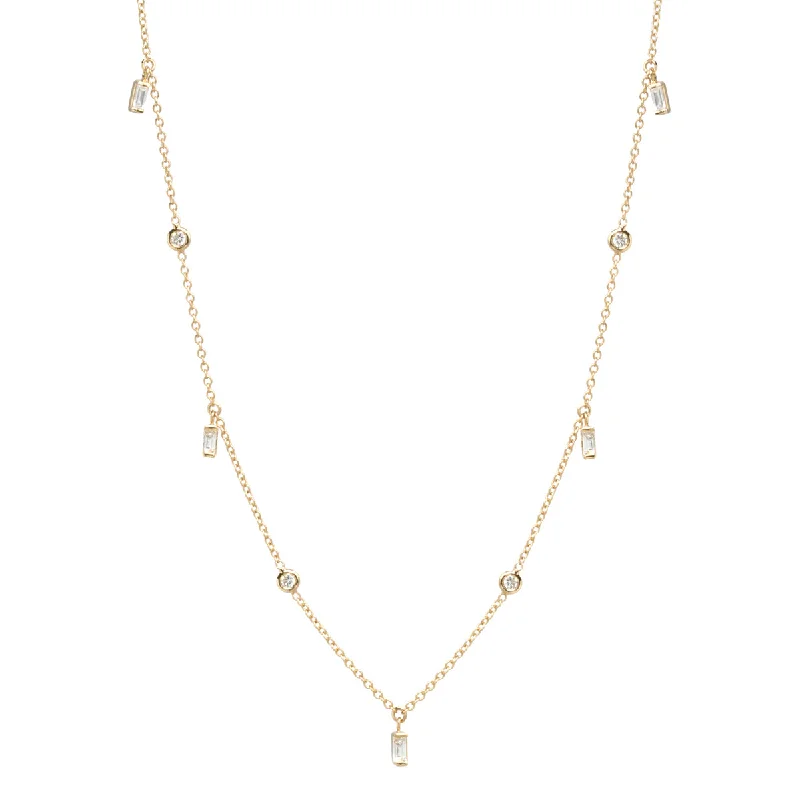 casual necklace for men -14k Baguette & Floating Diamond Station Necklace