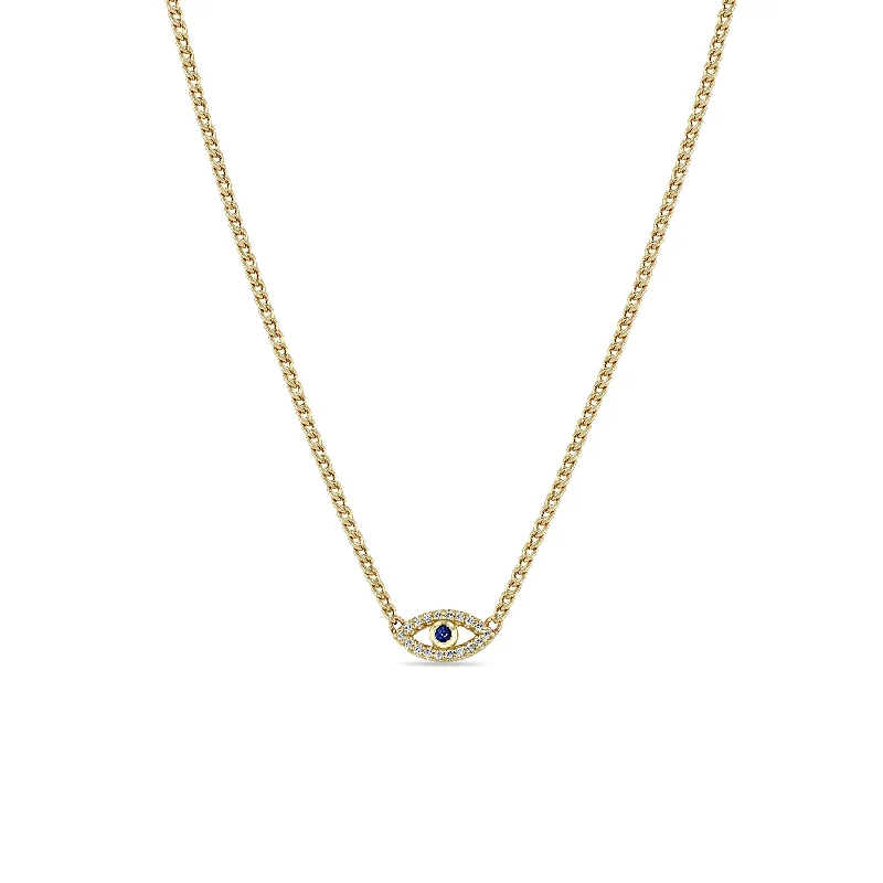 minimalist gold necklace -14k Blue Sapphire & Diamond Evil Eye Curb Chain Necklace