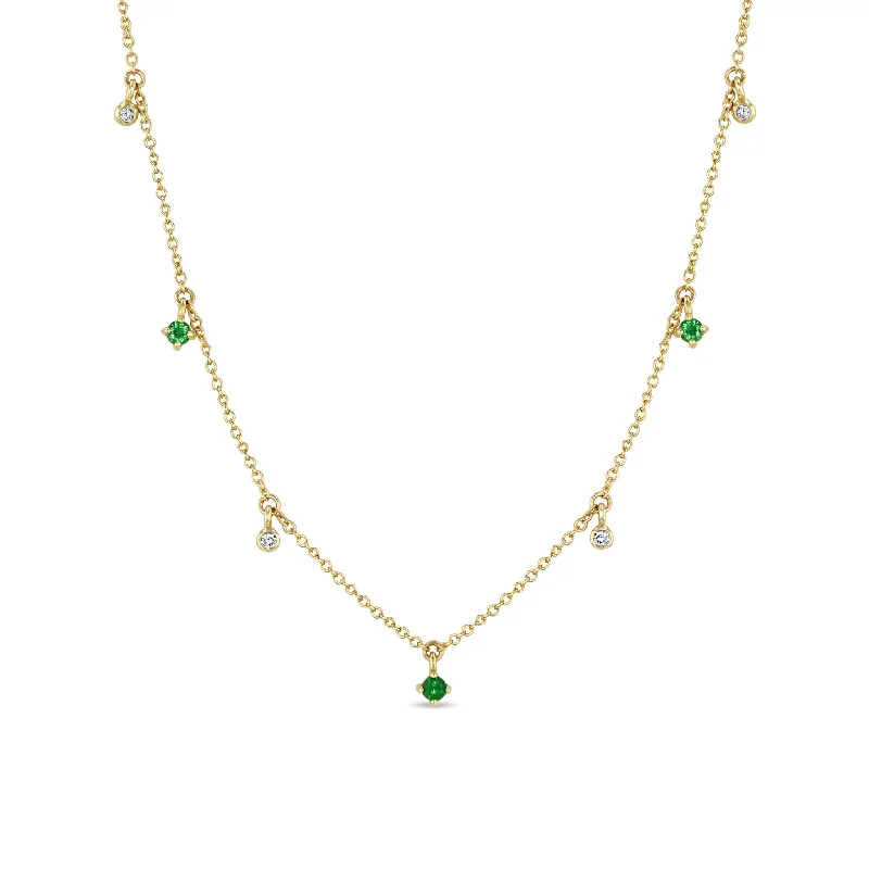 diamond pendant necklace -14k Dangling Mixed Round Emeralds & Diamonds Necklace