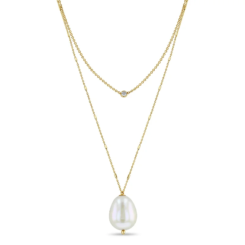 adjustable necklace for women -14k Floating Diamond & Large Baroque Pearl Layered Necklace