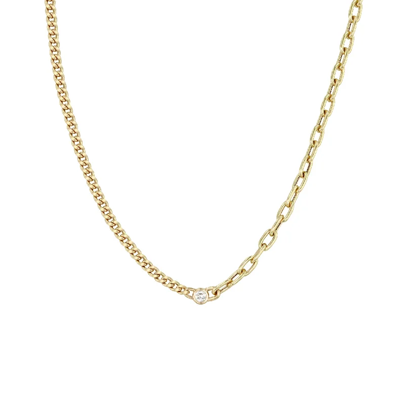 initial necklace for women -14k Floating Diamond Mixed Small Curb Chain & Medium Square Oval Chain Necklace