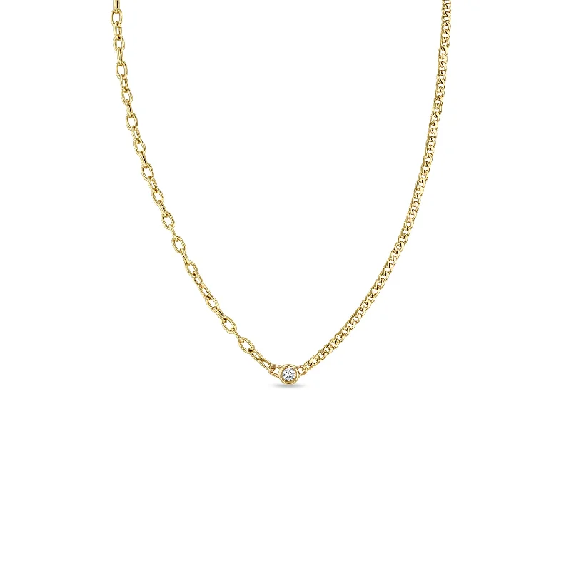 multi-layer necklace for women -14k Floating Diamond Mixed XS Curb Chain & Small Square Oval Chain Necklace