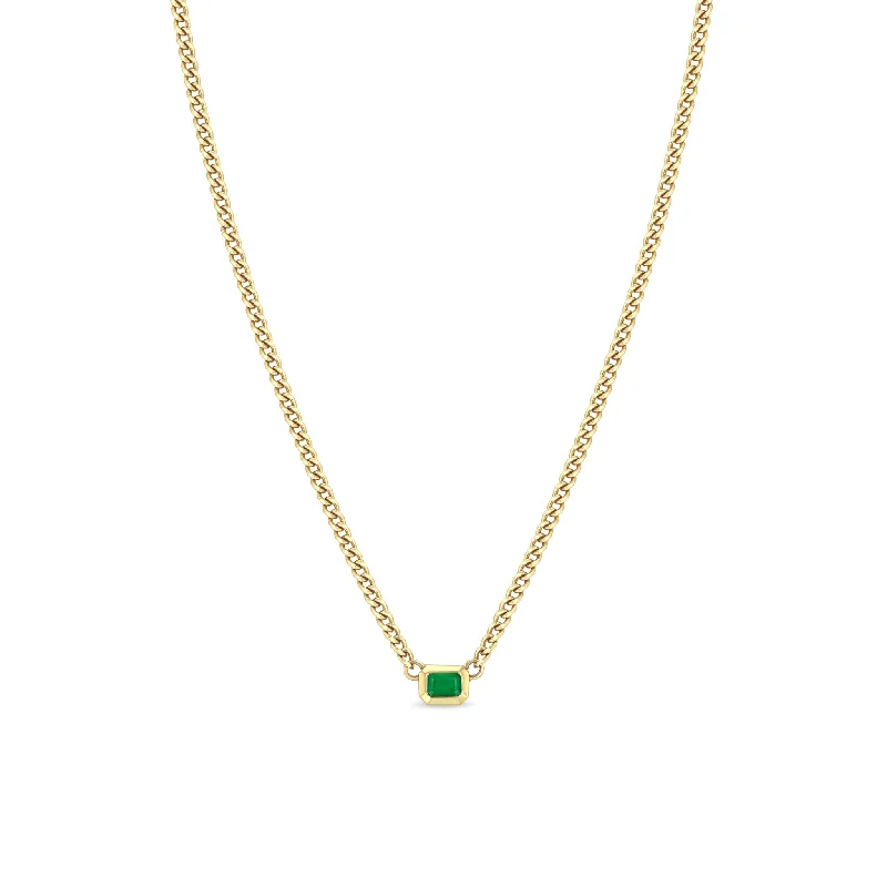 boho style necklace for summer -14k Emerald Cut Emerald Bezel XS Curb Chain Necklace