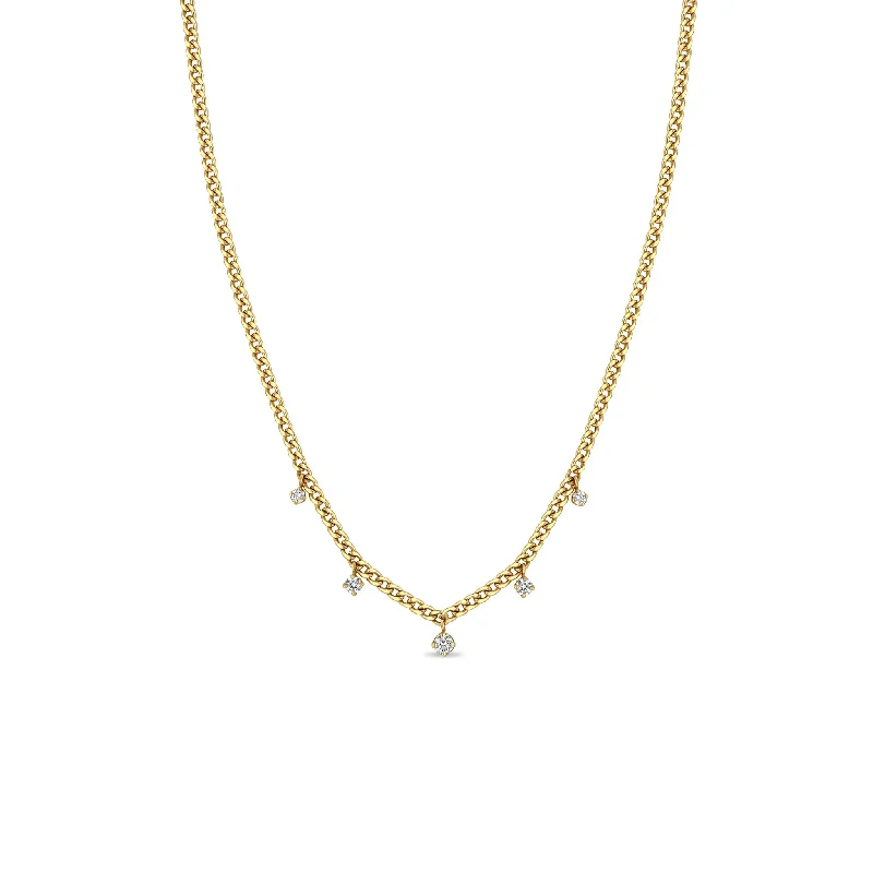 gold pendant necklace for men -14k 5 Dangling Prong Diamond Extra Small Curb Chain Necklace