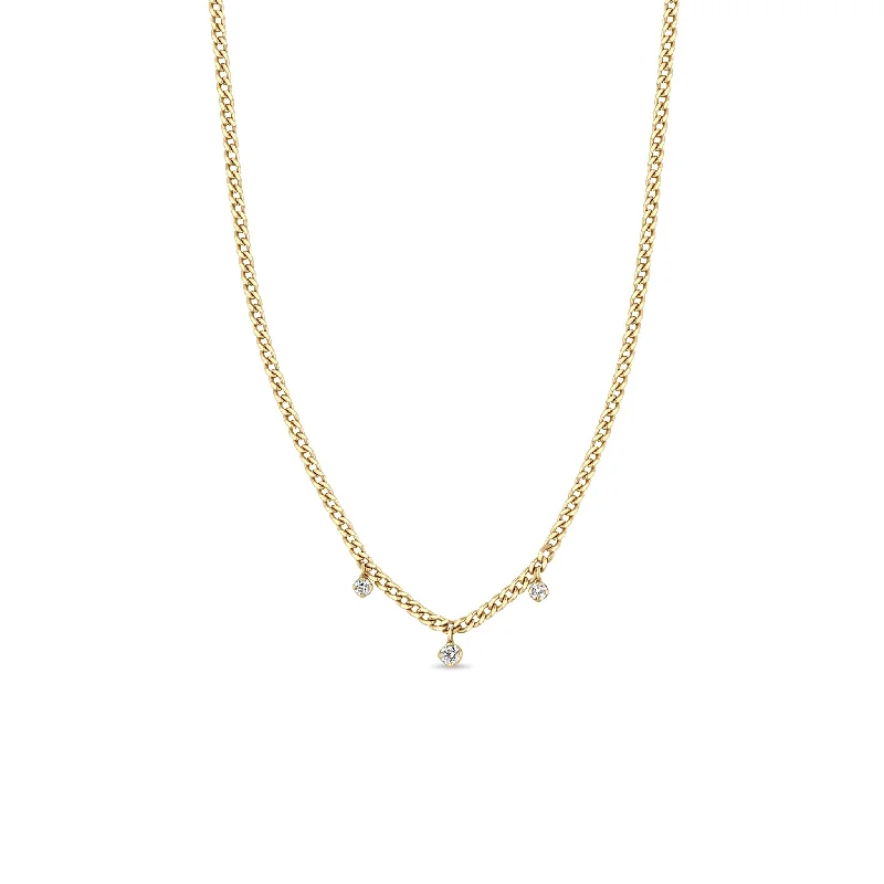 minimalist diamond necklace -14k 3 Dangling Prong Diamond Extra Small Curb Chain Necklace