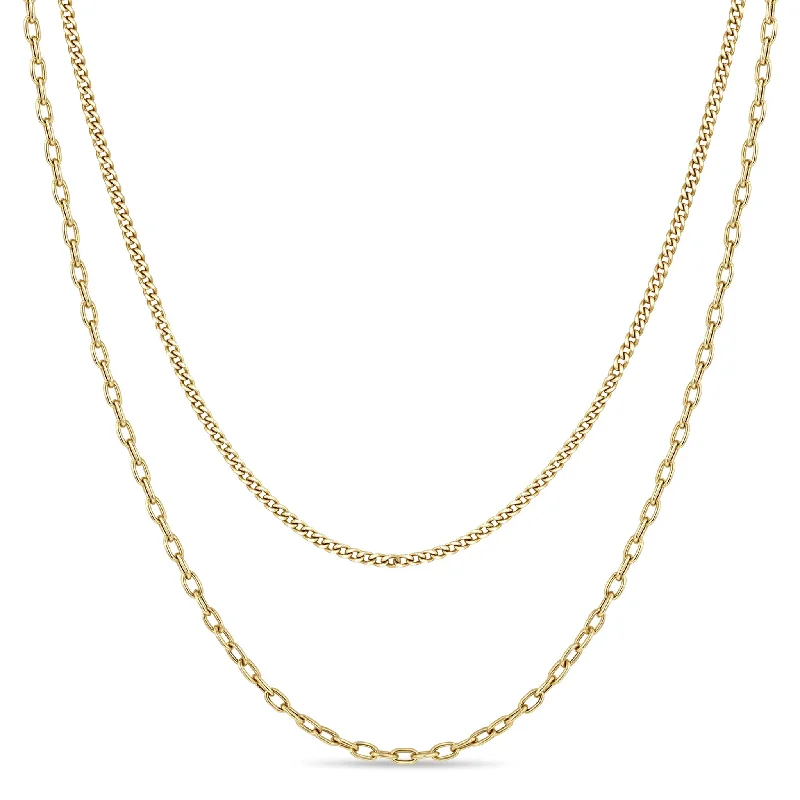 sterling silver necklace for men -14k Extra Small Curb Chain & Square Oval Link Layered Necklace