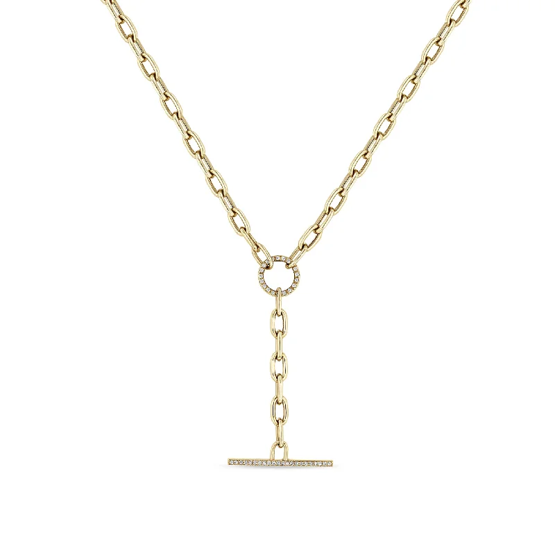 minimalist gold necklace -14k Large Square Oval Chain Pavé Diamond Faux Toggle Lariat Necklace