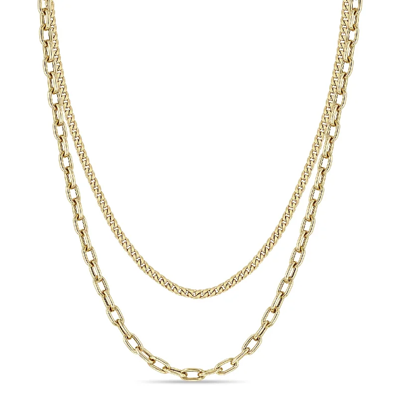 gothic style necklace for men -14k Small Curb Chain & Medium Square Oval Link Layered Necklace