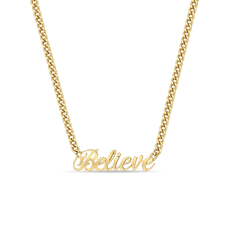 snake chain necklace for men -14k Gold Script Letter Believe Small Curb Chain Necklace