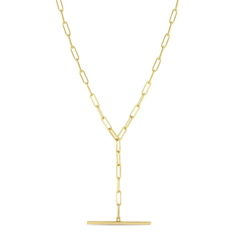 casual necklace for men -14k Gold Small Paperclip Chain Faux Toggle Lariat Necklace