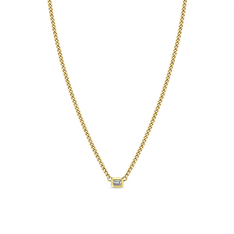 gold necklace for women -14k XS Curb Chain Emerald Cut Diamond Bezel Necklace